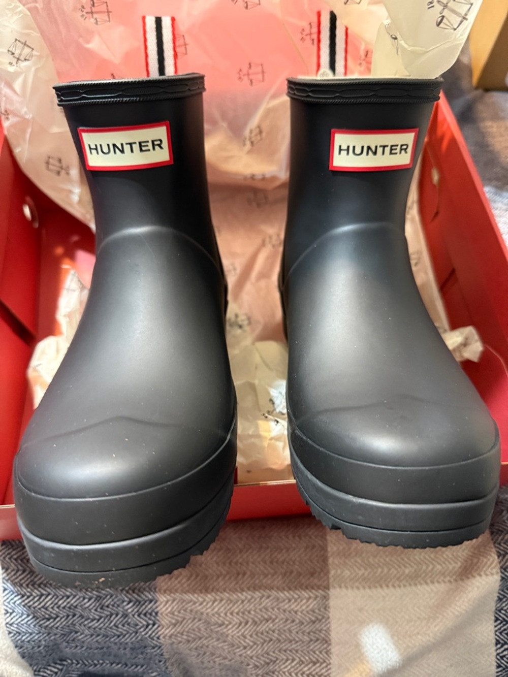 New! Hunter Black Short Rain Boots with Red-Trim Logo